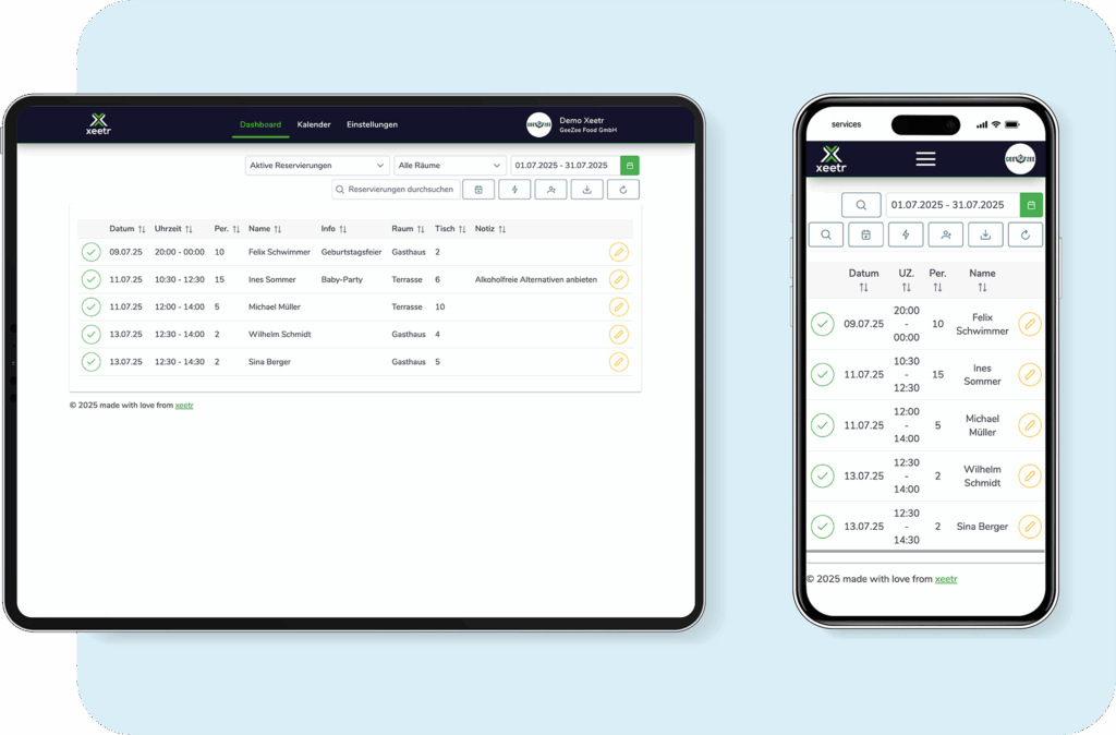 Screenshot des Online-Reservierungstools xeetr mit zwei Ansichten: links ein Tablet mit dem xeetr Dashboard und rechts ein Smartphone mit dem xeetr Dashboard.