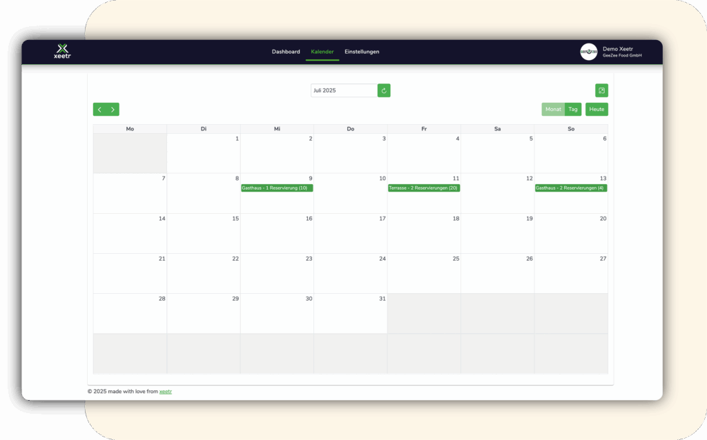 Kalender im Online Reservierungstool xeetr